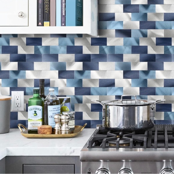 Subway Backsplash Tile Peel & Stick DIY Kitchen Bathroom Brushed Silver Blue - Picture 1 of 9